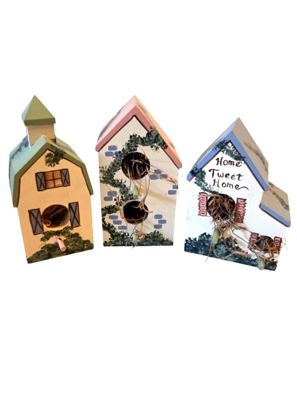 Vintage Folk Art Bird Houses Artist Signed Home Tweet Home Wooden Hand Painted